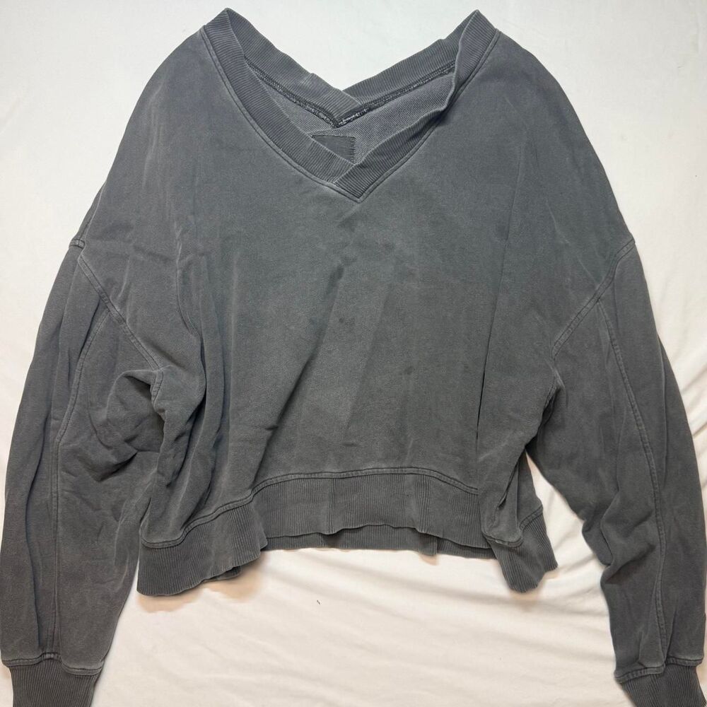 Aerie Oversized Charcoal Grey Big Hug Downtime V-Neck Cropped Sweatshirt XL